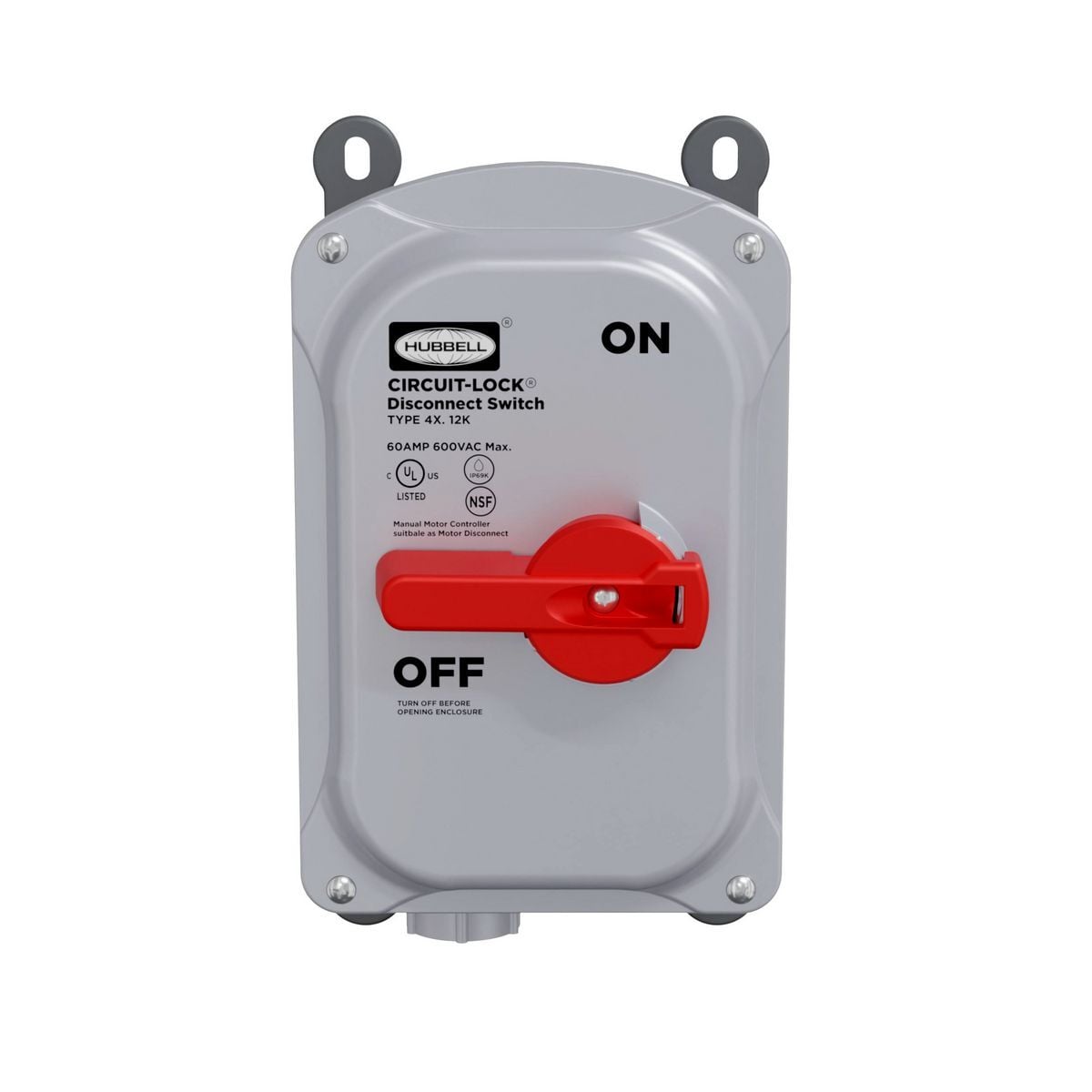 Industrial Grade, Motor Disconnect, Unfused, 3 Pole, 30A 600V AC, Screw Terminals, IP69k, NEMA Type 4X, 12 Non-Metallic Sloped Top Enclosure, AC1 Aux Contact, cULus, NSF, CE, UL 508 / UL 60947-4-1A