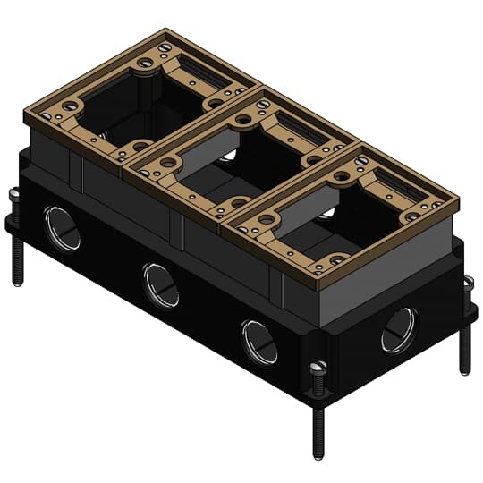 Three Gang Flush Service Floor Box, 111 Cubic Inches, Length 4-1/2 Inches, Width 3 Inches, 1 Inch Conduit Hubs, Cast Iron, For Power, Communications, and Data