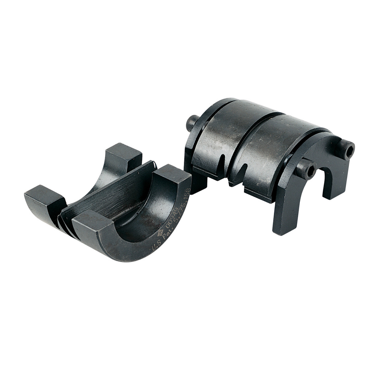 Works with any crimping tool that accepts 12-ton "U" type dies.  Less costly than dedicated cutting tools.  Simple to install in crimping tools.  Requires no adjustments for cutting different materials.  Will cleanly cut guy wire (including EHS), grade 60 rebar, ground rod, soft steel bolts up to 5/8 (16 mm) and up to477 kcmil (MCM)(240 mm2) ACSR.  U.S. Patent Number 5,775,158