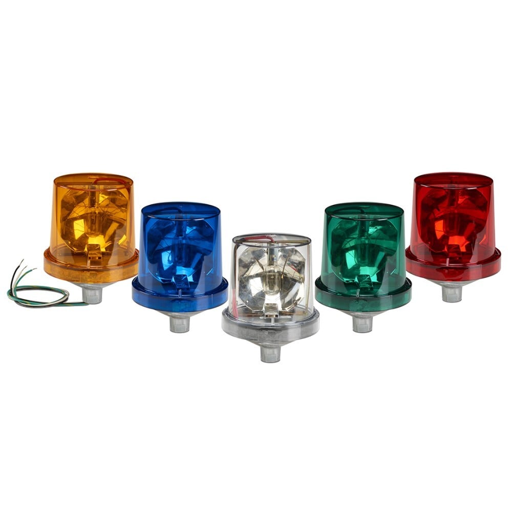 Electraray Rotating Warning Light Amber - Available in 120VAC. Five dome colors: Amber, Blue, Clear, Green and Red. 25 watt incandescent lamp. Integrated 1/2-inch NPT pipe mount. Indoor/outdoor use. Type 4X, IP66 enclosure. IP69K compliant. UL and cUL Listed.