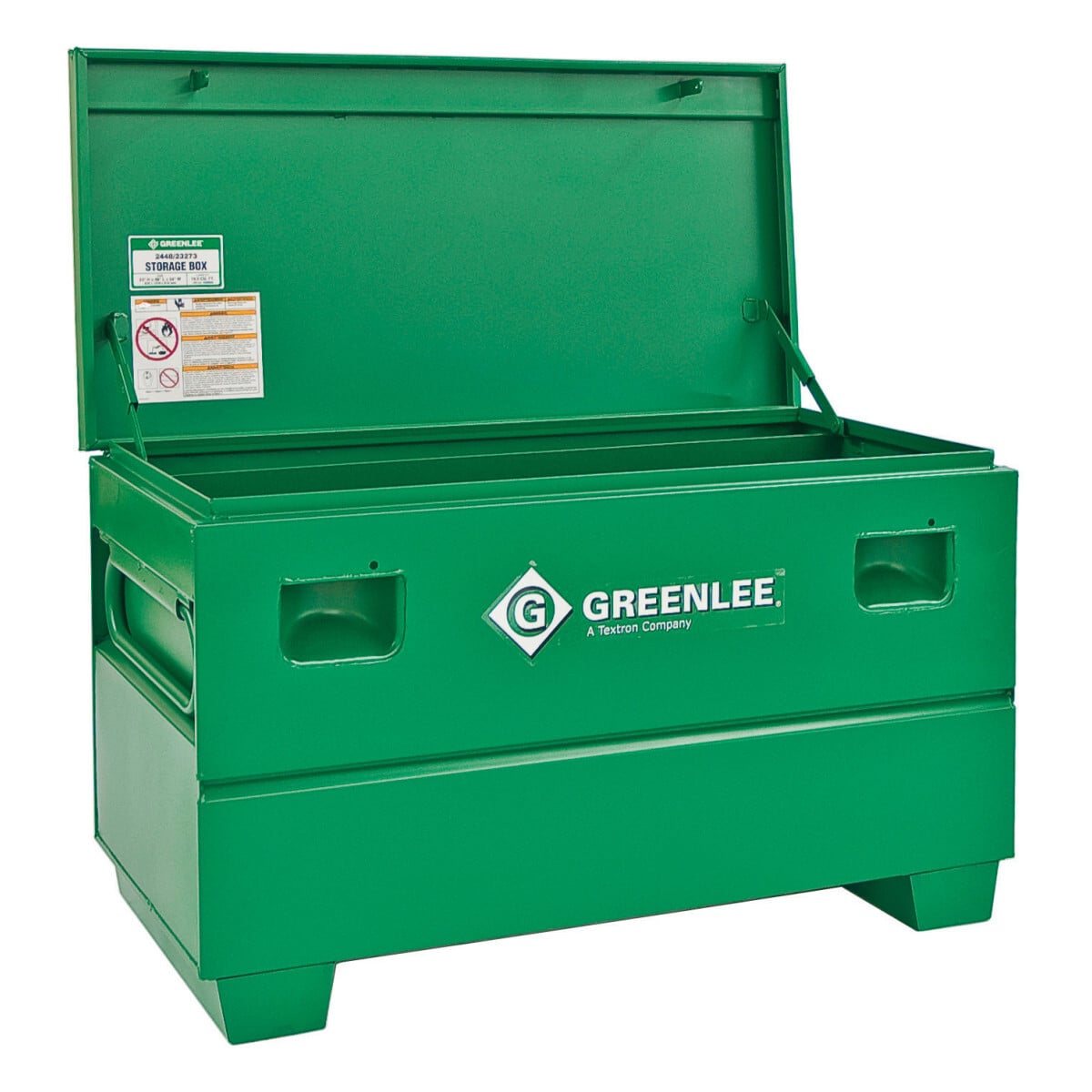 Chest Box (24 x 48)with tray.  Recessed and concealed lock protectors for maximum security against drilling and cutting lock.  Enhanced lid bolster for added support and durability.  Finger-groove lid handle for easy opening .  Convenient storage tray onback wall for small items.  Steel support arm(s) to hold lid in open position.  Heavy-duty piano hinges with non-removable pin.  Patented, ergonomically designed fold-down recessed handles.  New angled 3-1/2" high support skids feature threaded holes for easy caster installation.   Recommend #1 and #5 Masterlock padlocks or equivalent.