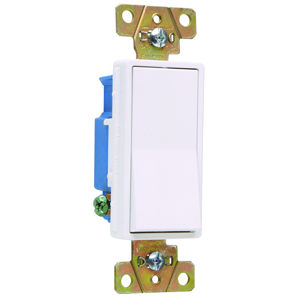 Single Pole, Back and Side Wire, Decorator Switch, 15 amps, 120/277 volts, White.