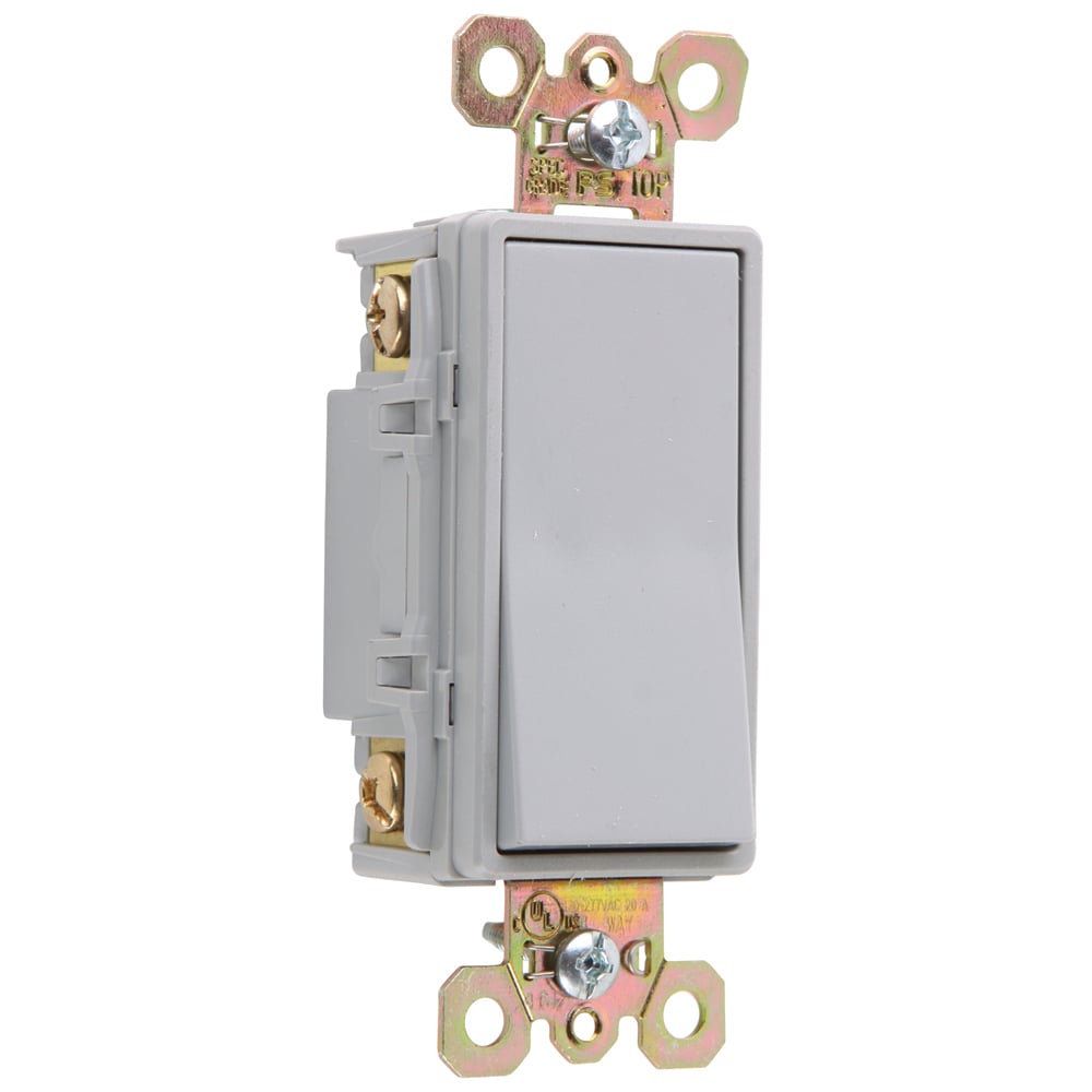 Four-Way, Back and Side Wire, Decorator Switch, 20 amps, 120/277 volts, Gray.