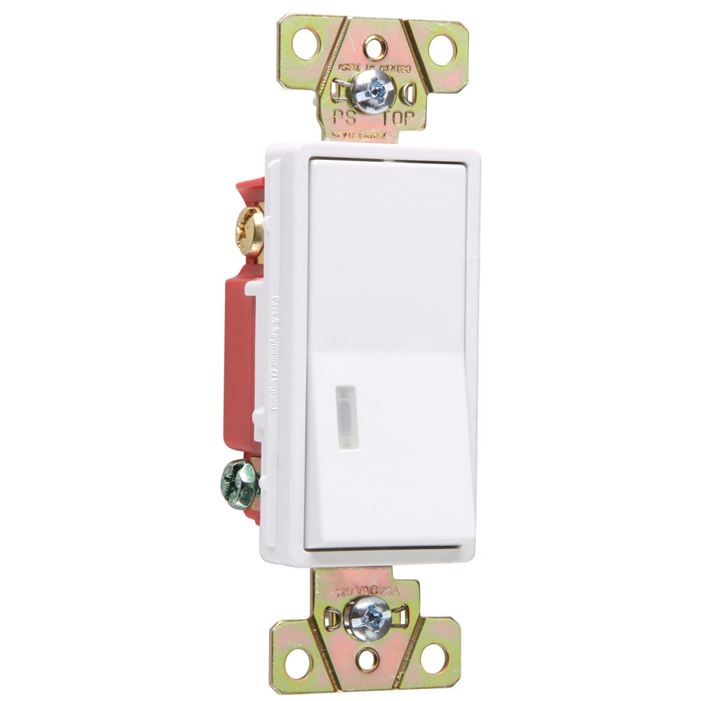 Three-way, Back and Side Wire, Illuminated Decorator Switch, 20 amps, 120 volts, White.