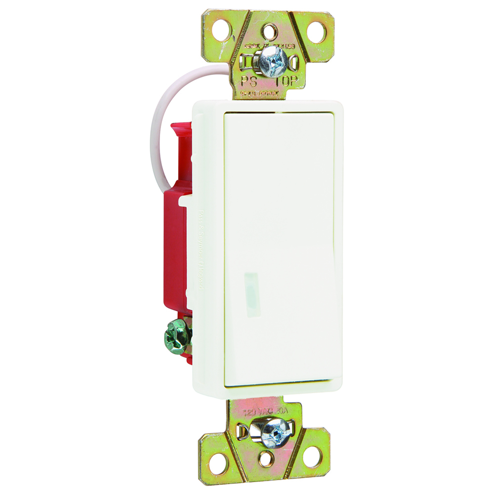 Single Pole, Single Pilot Light, Back and Side Wire, Decorator Switch, 20 amps, 120 volts, White.