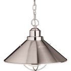 At 16in; in diameter, this 1- light Family Spaces pendant features Brushed Nickel finish and is U.L. listed for damp locations. It uses a 150-watt (max.) bulb for optimum lighting.