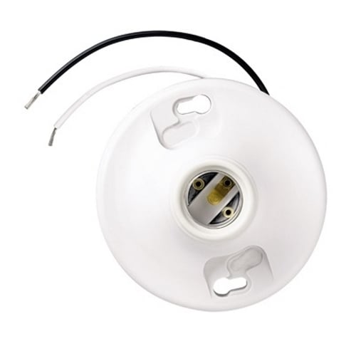 Medium base, phenolic, one-piece keyless, 4 terminals with tri-drive scews, fits 3 1/4 and 4 boxes, with cage necks, 6 Leads. White.