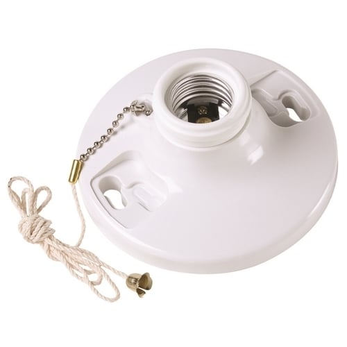 Medium base, phenolic, pullchain, 4 terminals with tri-drive screws, fits 3 1/4 and 4 boxes, with cage necks. White.