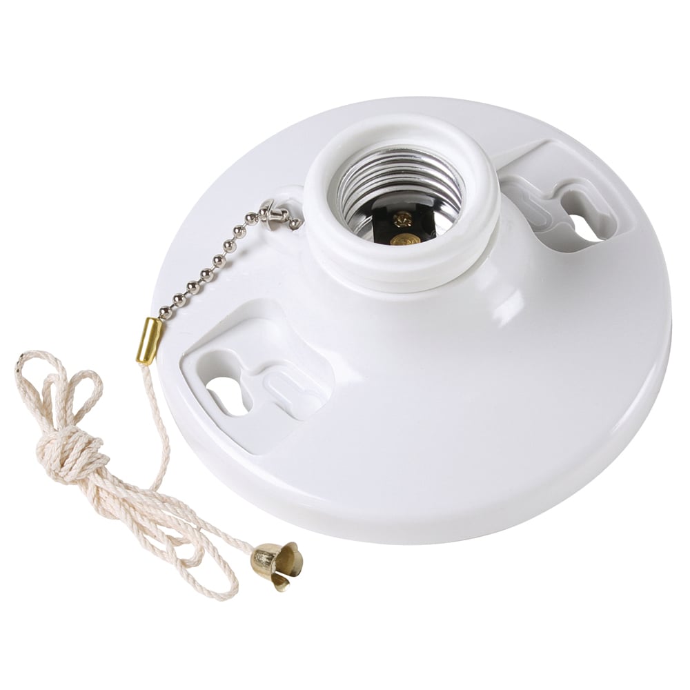 Medium base, phenolic, pullchain, 4 terminals with tri-drive screws, fits 3 1/4 to 4 boxes, with cage neck,6 Leads.White.