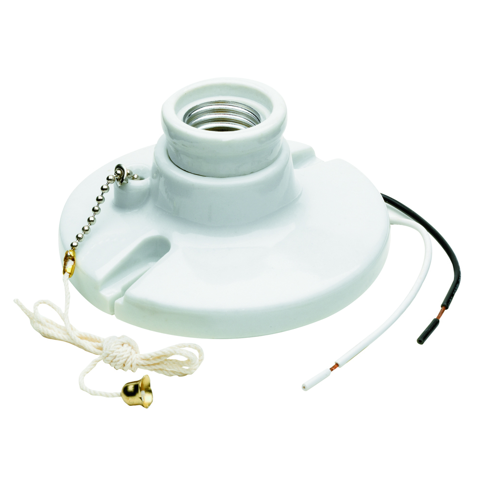 Medium base, porcelain, pullchain, 2 terminals with tri-drive screws, 6 leads, fits 3 1/4 and 4 boxes with cage neck. White.
