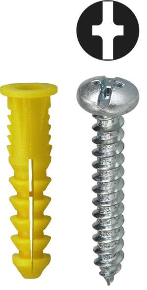 Anchor Kit, #10 x 1 IN Size, 201 pieces, Nylon material, 1/4 in. drill size, includes (1) Carbide Masonry Drill and (100) #122 Yellow Wing Anchor and (100) #10 x 1 IN Phillips/Slotted Head Sheet Metal Screw