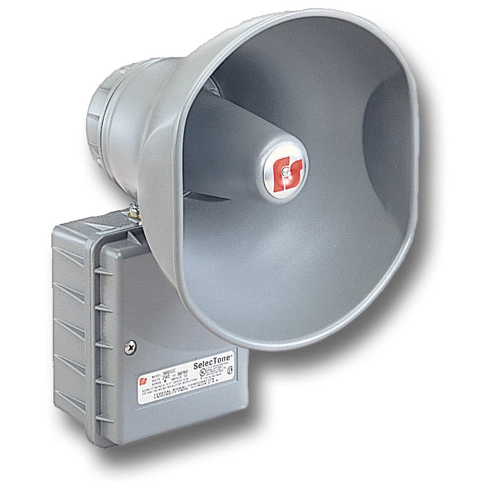 SelecTone 15 Watt Amplified Speaker, 120VAC, Gray - Available in 24VAC/DC, 120VAC and 240VAC. Built-in gain control, adjustable between 0 dBa to 110 dBa at 10 feet (0 dBa to 120 dBa at 1 meter). Cast copper free aluminum housing, spun aluminum projector. Indoor or outdoor use. Type 3R, IP54 enclosure. Digital signal amplification. Fused input and output. CSFM Approved. UL and cUL Listed.