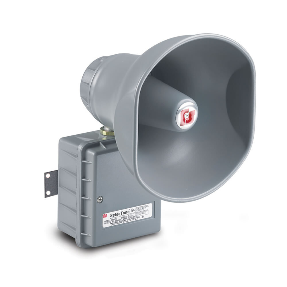 SelecTone 15 Watt Amplified Speaker, Hazardous Location, 24VAC/DC, Gray - Available in 24VAC/DC, 120VAC and 240VAC. Reliable, solid-state circuitry. Digital signal amplification. Fused input and output. Built-in gain control, adjustable between 0 dBa to 110 dBa at 10 feet (0 dBa to 120 dBa at 1 meter). Cast copper free aluminum housing, spun aluminum projector. Type 4X, IP66 enclosure. IP69K compliant. Indoor/outdoor use. CSFM Approved. UL and cUL Listed for Class I, Division 2, Groups A, B, C and D & Class II, Division 2, Groups F and G & Class III.