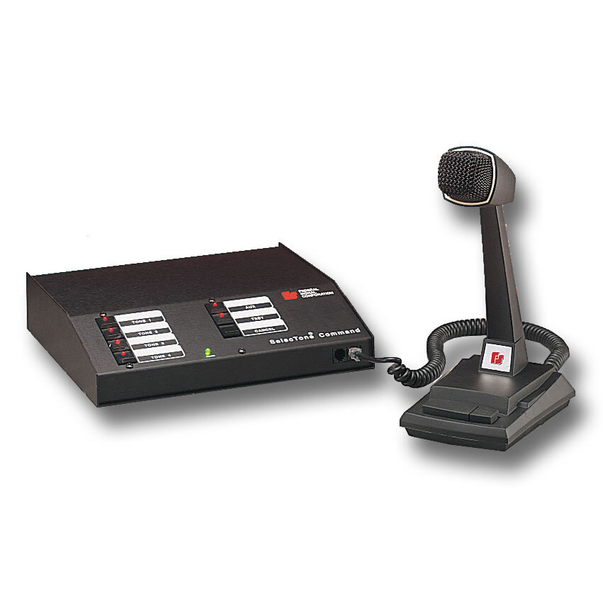 SelecTone Command Unit - Multi-voltage design accepts 24VDC and 120VAC (240VAC configuration available). Produces four prioritized tones and public address using UTM and/or TM33. Remote microphone input. Desktop design. Type 1 Enclosure. UL Listed and CSA Certified.