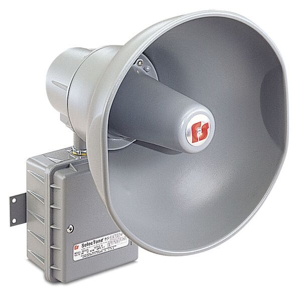 SelecTone 30 Watt Amplified Speaker, Hazardous Location, 24VAC/DC, Gray - Available in 24VAC/DC, 120VAC and 240VAC. Reliable solid-state circuitry. Digital signal amplification. Fused input and output. Built-in gain control, adjustable between 0 dBa to 114dBa at 10 feet (0 dBa to 124 dBa at 1 meter). Type 4X, IP66 enclosure. IP69K compliant. External mounting tabs. Indoor/outdoor use. CSFM Approved. UL and cUL Listed for Class I, Division 2, Groups A, B, C and D & Class II, Division 2, Groups F and G & Class III.