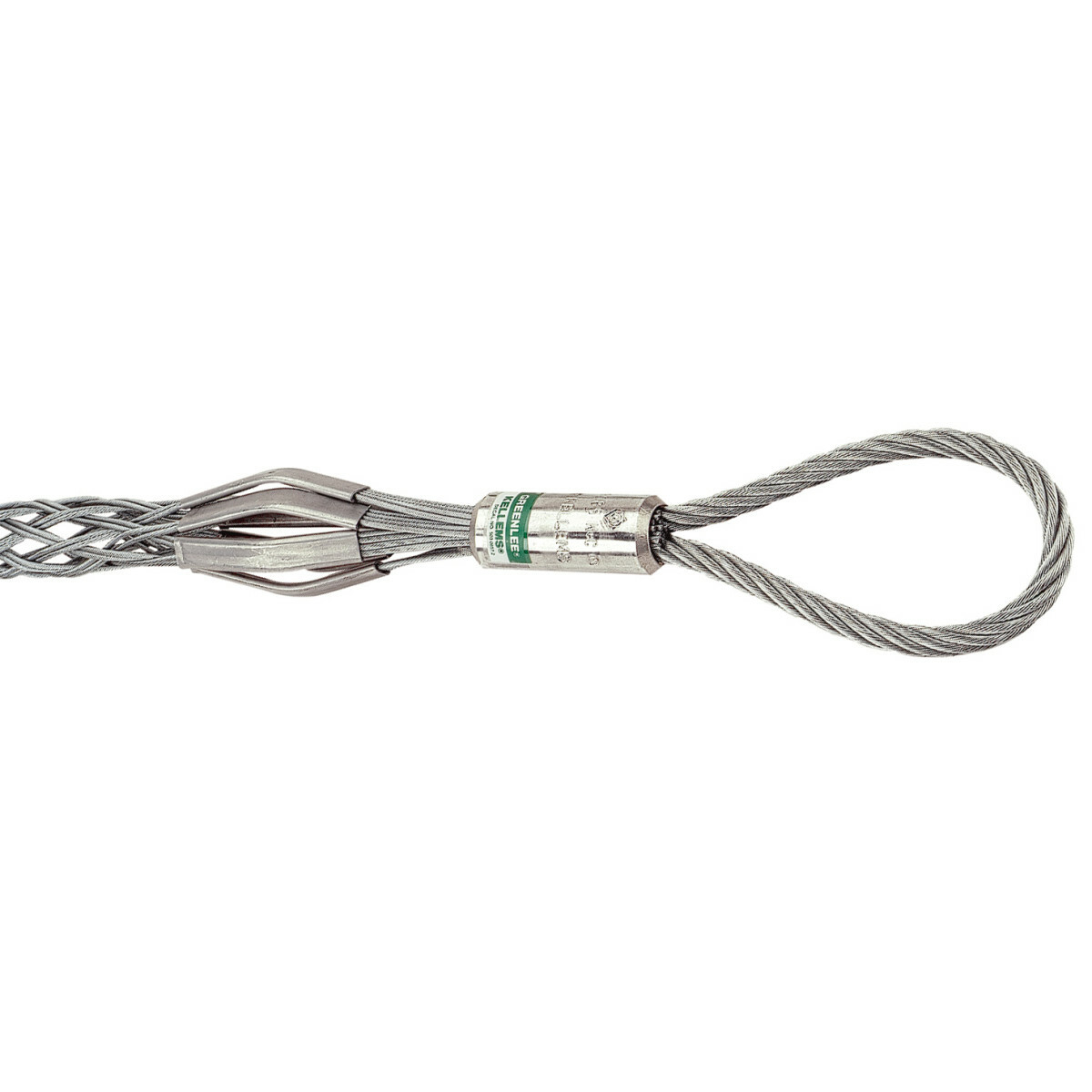 T-Basket Type Pulling Grip for Cable Diameter 1.0" - 1.49" (25.4 mm - 38.0 mm).  Use to pull in conduit or tray.  Medium-duty pulls.  9" (228.6 mm) eye length.  Mesh length 24" (610 mm).  Double weave galvanized steel mesh with flexible pulling eye.  Select the grip with a maximum rated capacity that meets or exceeds the cable puller's maximum pulling force.