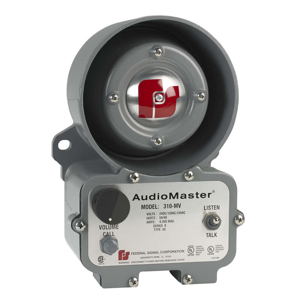 AudioMaster Hazardous Location Two-Way Intercom, 30 Watt - Multi-voltage design accepts 24VDC, 120VAC and 240VAC. Heavy-duty industrial intercom for indoor or outdoor applications. Balanced line output. Call button. Talk/listen switch. Volume control. Auxiliary remote signal contact. Conformal coated PCB. Type 4X, IP65 enclosure. CSA Certified. Marine Listed. UL and cUL Listed for Class I, Division 2, Groups A, B, C and D & Class II, Division 2, Groups F and G & Class III.