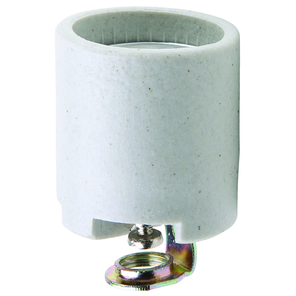 Medium base, porcelain, screw terminals, keyless, single circuit, fixture pan with 1/8 IPS hickey. White.