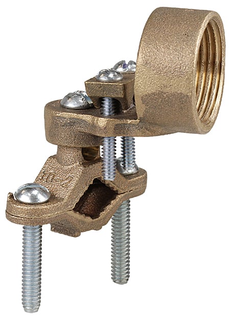 Ground Clamp with Hub, 10 SOL to 3/0 STR conductor size, Bronze material, 1/2 to 1 in. pipe size, 1 in. hub size