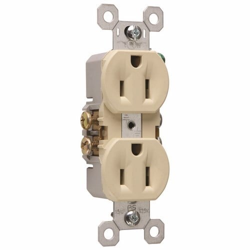 Duplex Grounding Receptaclewith high-impact resistant thermoplastic construction. It hasultrasonic welding of face to back body and long-term blade retention. 15 amp, 125 volt. Ivory.
