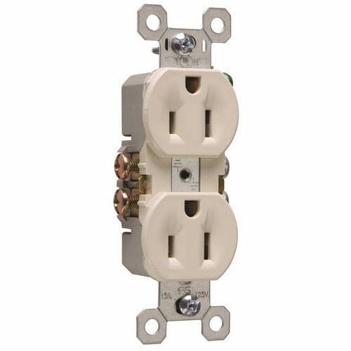 Duplex Grounding Receptacle made with high-impact resistant thermoplastic construction and long-term blade retention. It has ultrasonic welding of face to back body. 15 amp, 125 volt, Light Almond.
