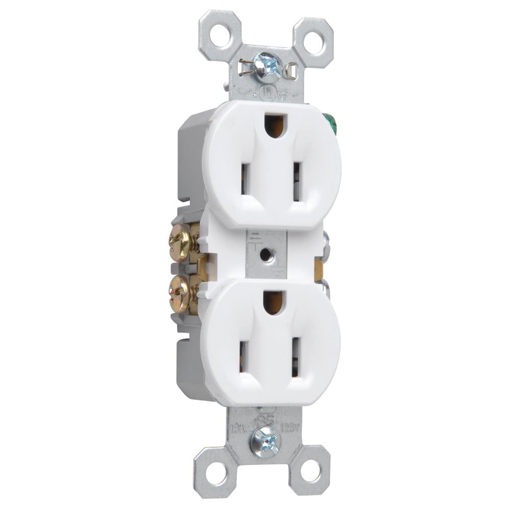 Duplex Self-Grounding Receptacle. 15 amp, 125 volt. White.