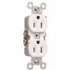 Duplex Grounding Receptacle with high-impact resistant thermoplastic construction. It has ultrasonic welding of face to back body and long-term blade retention. 15 amp, 125 volt. White.