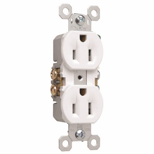 Duplex Grounding Receptacle with high-impact resistant thermoplastic construction. It has ultrasonic welding of face to back body and long-term blade retention. 15 amp, 125 volt. White.
