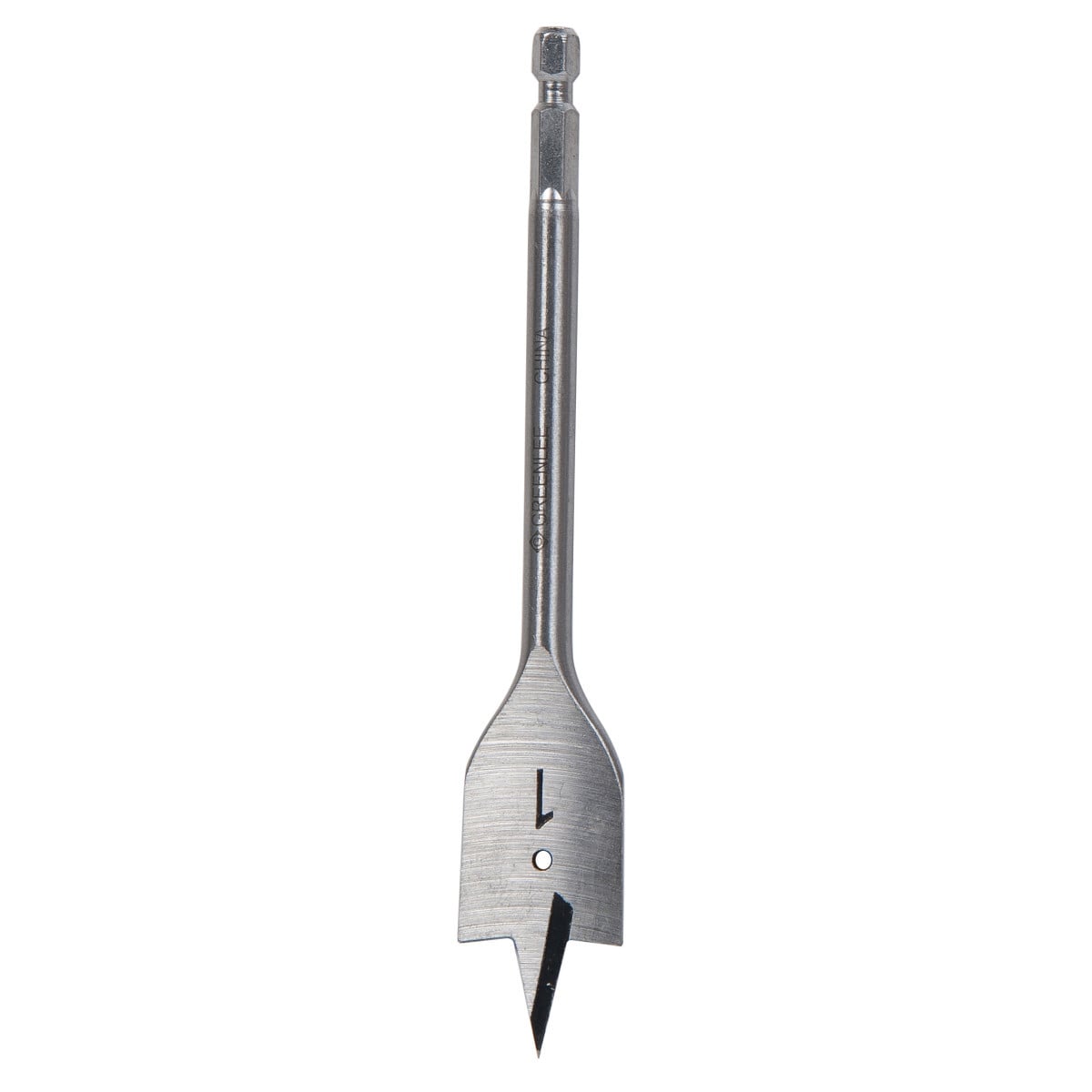 Spade Bit 1" Hole Diameter.  6-1/4" long with 1/4" hex shank.  Bore hardwood, softwood, plywood and drywall.  Forged and heat treated for long life.  For use in 1/4" (6.4 mm) or larger power drills.  Hole in top center of bit for wire pulling.