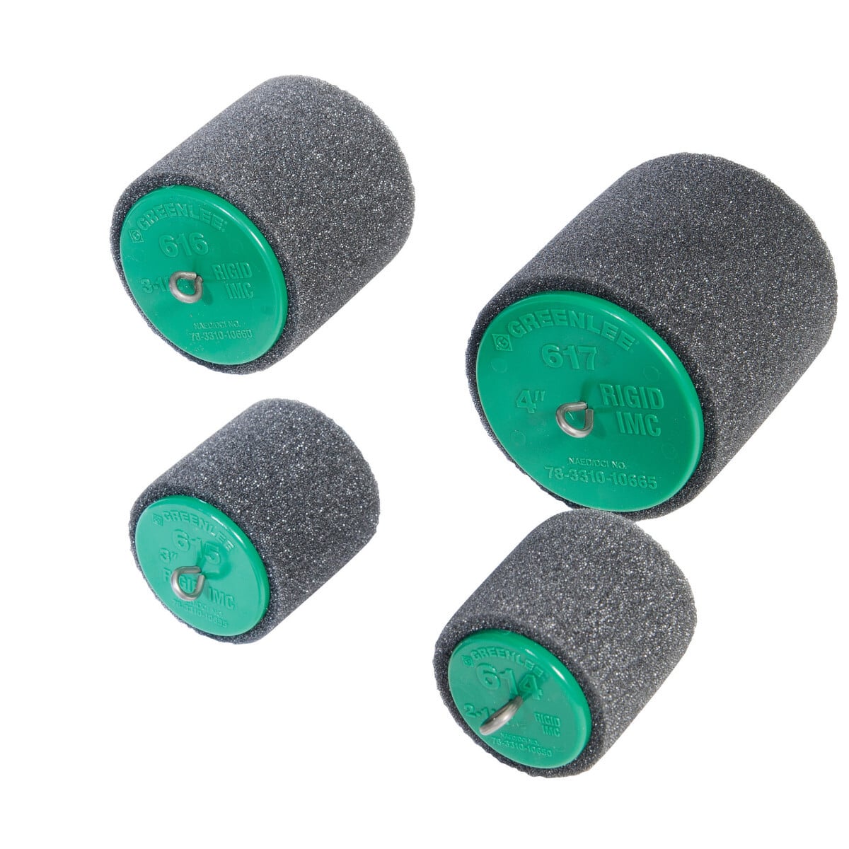 EMT piston set includes 2-1/2", 3", 3-1/2" and 4".  Use with blower or vacuum power fishing system to pioneer the line through the conduit run.  Flexible foam body for an air-tight seal.  Color-coded end disk with embossed size markings for fast, easy selection.  Strong steel center rod with loops on both ends.