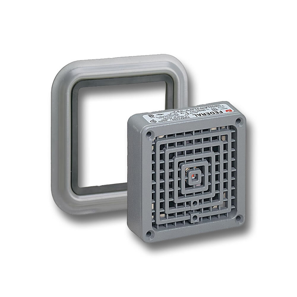 Vibratone Horn With Weatherproof Trim Ring, 24VAC - Available in 24VAC and 120VAC. Produces 100 dBa at 10 feet (110 dBa at 1 meter). Coded or sustained tones. Surface or flush mount. Type 4X and Type 12 enclosure. UL and cUL Listed.