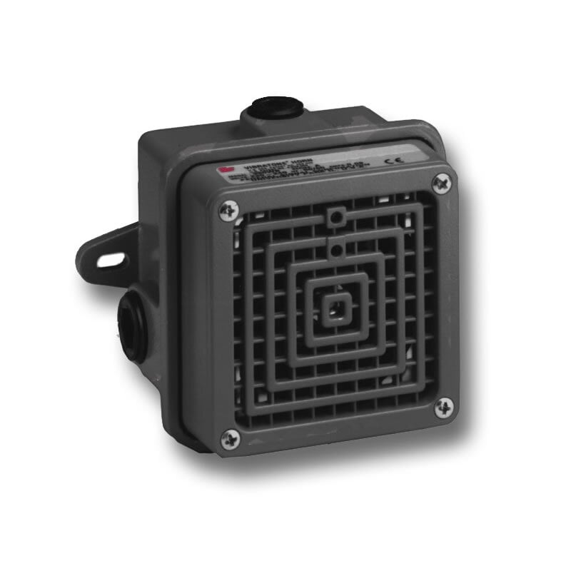 Vibratone Horn With Weatherproof Back Box, 120VAC - Available in 120VAC and 240VAC. Coded or sustained tones. Wall mount. Produces 100 dBa at 10 feet (110 dBa at 1 meter). Fuse terminal block provided for field wiring. Indoor or outdoor use. Type 4X, IP65 enclosure. IP69K compliant. UL and cUL Listed.