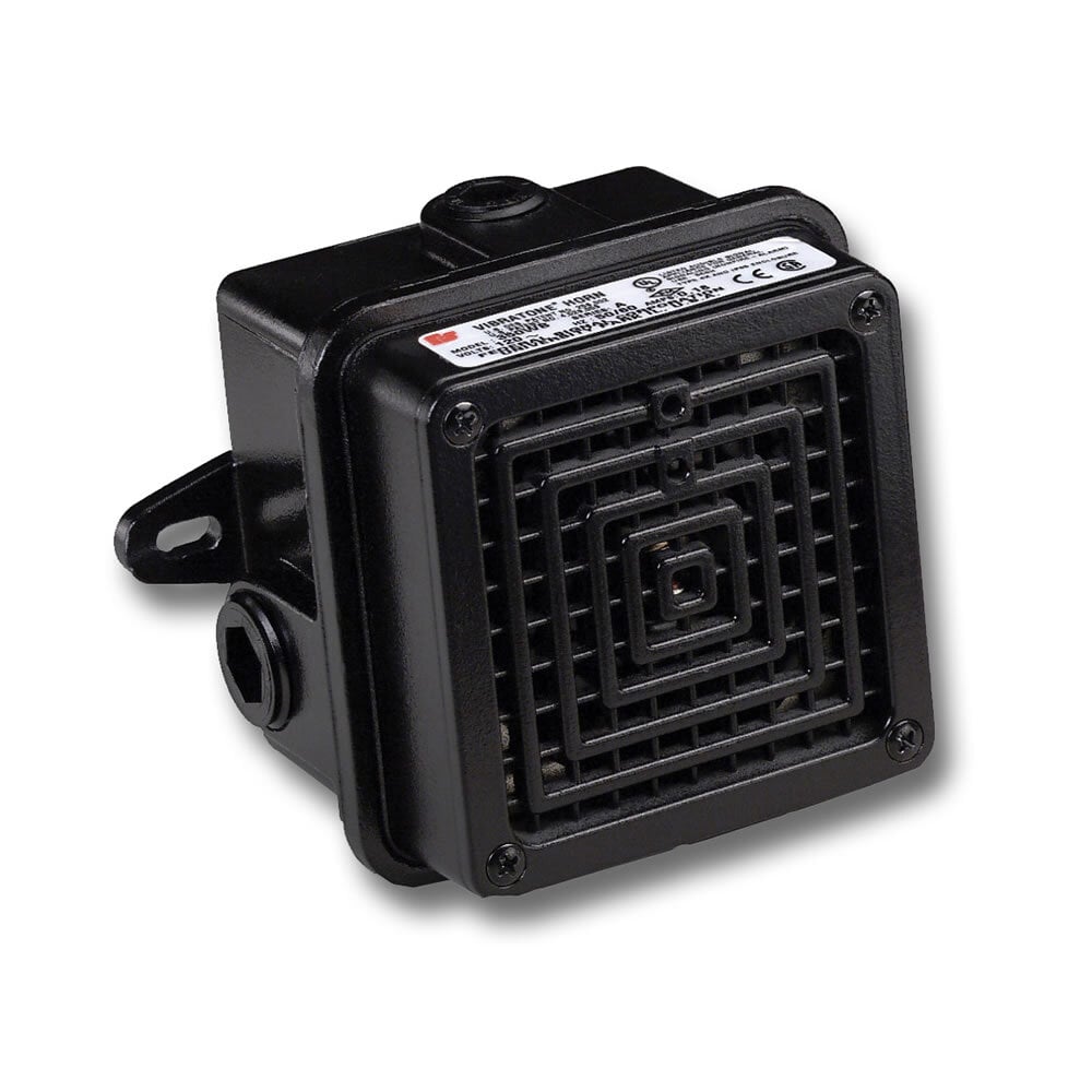 Vibratone Hazardous Location Horn With Back Box, 120VAC - Available in 120VAC and 240VAC. Coded or sustained tones. Produces 100 dBa at 10 feet (110 dBa at 1 meter). Fuse terminal block provided for field wiring. Surface, flush or semi-flush mounting. Indoor or outdoor use. Type 4X, IP65 enclosure. IP69K compliant. CSA Certified. UL and cUL Listed for Class I, Division 2, Groups A, B, C and D & Class II, Division 2, Groups F and G & Class III.