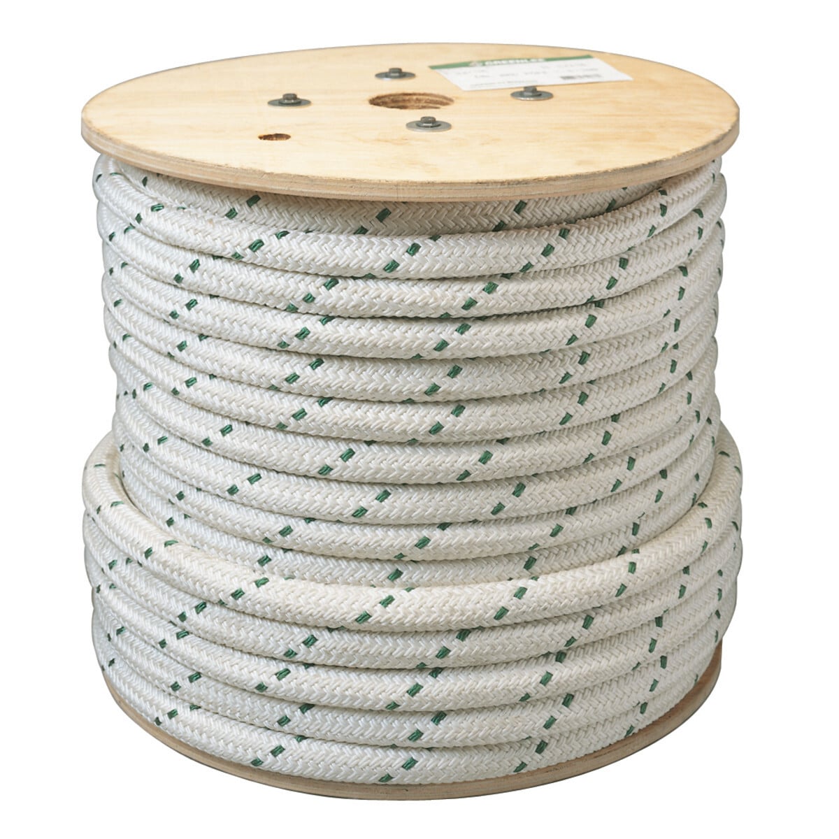 Double-Braided Composite Rope for Cable Pullers, 300' length with 4,000 pound Maximum Rated Capacity.  Double-braided inner core with an extra double-braided outer jacket for added strength and less stretch.  White with green tracer.  Rot and mildew resistant.  Factory spliced eyes at both ends.  Lowest stretch.  Select a rope with a maximum rated capacity that meets or exceeds the cable puller's maximum pulling force.