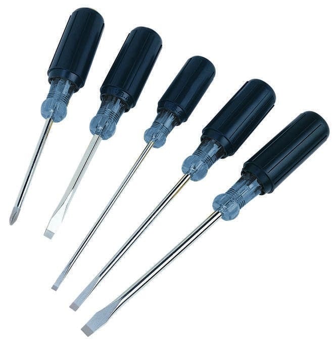 Screwdriver Set, Cushioned Rubber Grip Handle, Chrome Vanadium Steel Blade, 5 Pieces, Includes: 35-194 - #2 X 4 IN Long Shank Phillips, 35-154 - 1/4 IN Square X 4 IN Long Shank Heavy-Duty Slotted Keystone, 35-186 - 3/16 IN Diameter X 6 IN Long Shank Electrician's Cabinet, 35-151 - 1/4 IN X 6 IN Long Shank Heavy-Duty Cabinet, 35-166 - 5/16 IN X 6 IN Long Shank Keystone