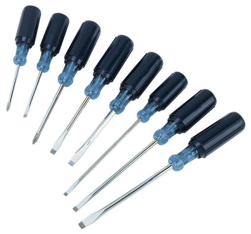 Screwdriver Set, Cushioned Rubber Grip Handle, Chrome Vanadium Steel Blade, 8 Pieces, Includes: 35-193 - #1 X 3 IN Long Shank Phillips, 35-194 - #2 X 4 IN Long Shank Phillips, 35-154 - 1/4 IN Square X 4 IN Long Shank Heavy-Duty Slotted Keystone, 35-183 - 3/16 IN Diameter X 3 IN Long Shank Electrician's Cabinet, 35-186 - 3/16 IN Diameter X 6 IN Long Shank Electrician's Cabinet, 35-164 - 1/4 IN Square X 4 IN Long Shank Heavy-Duty Slotted Keystone, 35-151 - 1/4 IN X 6 IN Long Shank Heavy-Duty Cabinet, 35-166 - 5/16 IN X 6 IN Long Shank Keystone