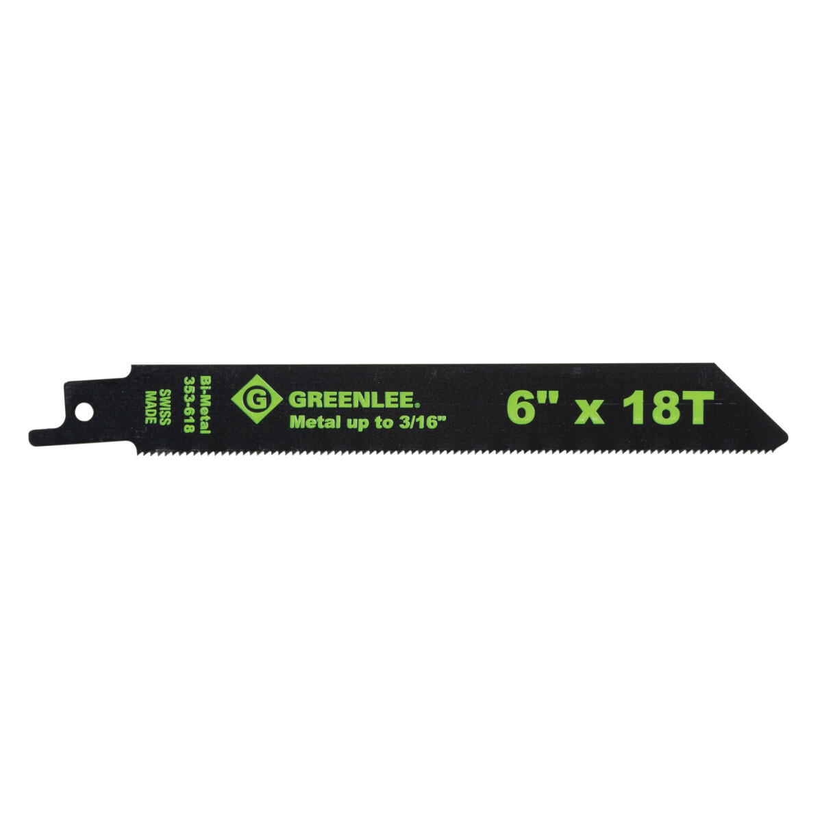 Reciprocating Saw Blades  6" x 3/4" x .35" (152mm x 19.05mm x 8.89mm) 18 Teeth per Inch.  Progressive-pitch reciprocating saw blades cut a wide range of standard construction materials quickly and cleanly - regardless of thickness.  Bi-metal construction provides maximum flexibility and break resistance - plus lasting sharpness.  Exclusive plunge tip makes starting cuts faster and easier.
