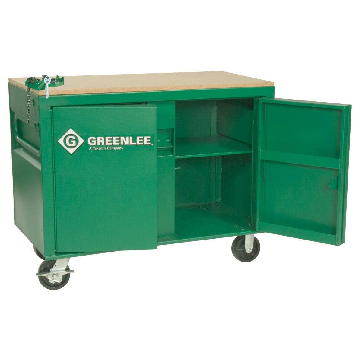 35 x 48 Mobile Workbench with cahin vise.  Tough composition board work surface on top with built-in chain vise and telescoping wrench stop.  Removable self-stored shelf enables storage of larger items.  Supplied with two (2) locking swivel casters and two (2) rigid 6" (152 mm) casters for easy mobility (Model 703).  Recessed and concealed lock protector inhibits forced entry and corrosion to lock.  Flush-mounted doors.  Finger-groove door handles.  Front door storage.  Hemmed (reinforced) high-strength shelves.  Large lower storage areas for bigger items.  Continuous, non-removablehinge pins to prevent theft.  Angled handle recess to prevent pinch points.  Patented, ergonomically designed fold-down recessed handles.  Recommend #1 and #5 Masterlock padlocks or equivalent.