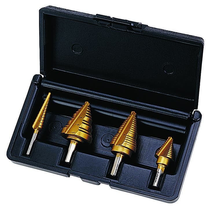IDEAL, Step Bit Kit, Electrician's, Consist Of 1: 35-511 1/8 To 1/2 Bit Diameters Sizes (IN), Consist Of 2: 35-513 1/4 To 7/8 Bit Diameters Sizes (IN), Consist Of 3: 35-515 1/4 To 1-1/8 Bit Diameters Sizes (IN), Consist Of 4: 35-517 1/4 To 1-3/8 Bit Diameters Sizes (IN), Includes: 35-511, 35-513, 35-515, And 35-517