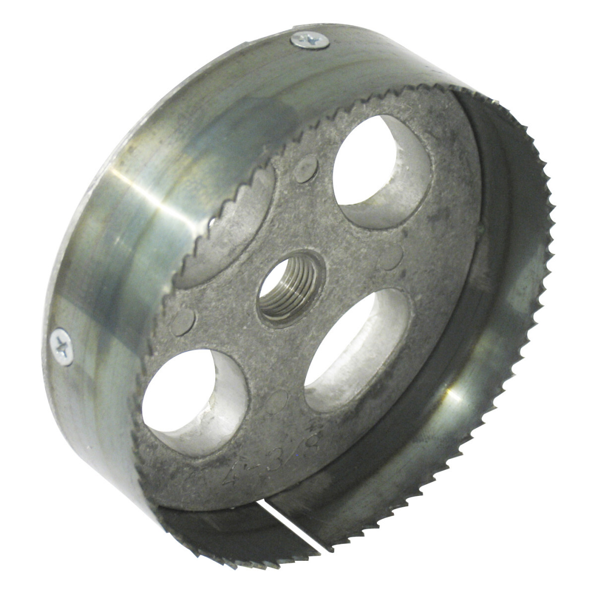 Recessed Light Hole Saw Steel Toothed 4-3/8" (111mm).  Industry's only interchangeable replacement bladeS.  Strong durable back plate.  Available in two styles - steel tooth and carbide grit.  Made and designed in USA by Greenlee.  Use with a power drill to cut large diameter holes for recessed lighting fixtures.  Saws use Greenlee arbor 37156, purchased separately.