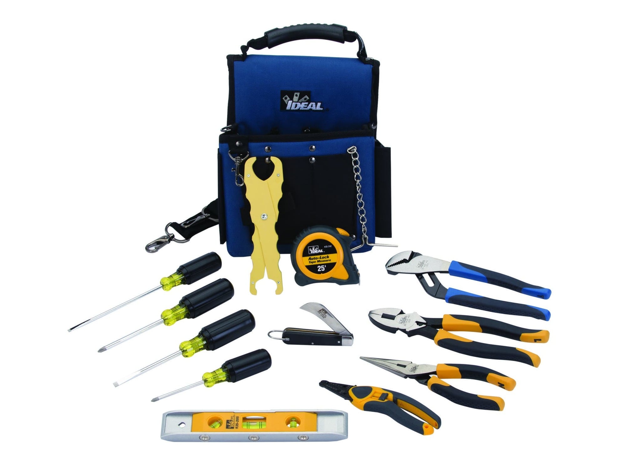 IDEAL, Hand Tool Kit, LASERedge, Consist Of 1: 35-3012 Smart-Grip 9-1/4 IN New England Nose High-Leverage Pliers with Fish Tape Puller, Consist Of 2: 35-3038 Smart-Grip 8.5 IN Long Nose Plier with Cutter, Consist Of 3: 35-3430 Smart-Grip 10 IN Tongue & Groove Pliers with Heavy-Duty Grips, Consist Of 4: 45-915 Kinetic Reflex Super T-Stripper, Solid 10-18, Stranded 12-20, Consist Of 5: 35-193 Phillips Screwdriver, For #1 Phillips Head Screws, 3/16 IN Diameter X 3 IN Long Shank, Includes: 35-194 Phillips Screwdriver, For #2 Phillips Head Screws, 1/4 IN Diameter X 4 IN Long Shank, 35-186 Electrician's Cabinet Tip Screwdriver, 3/16 IN Diameter X 6 IN Long Shank, 35-164 Heavy-Duty Slotted Keystone Tip Screwdriver, 1/4 IN Diameter X 4 IN Long Shank, 35-242 25 FT Automatic Blade Lock Measuring Tape, 35-286 Hawkbill Knife, 34-002 Safe-T-Grip Fuse Puller, 35-205 Torpedo Level, 9 IN, 35-462 Journeyman Electrician's Tote, Number Of Pieces: 13
