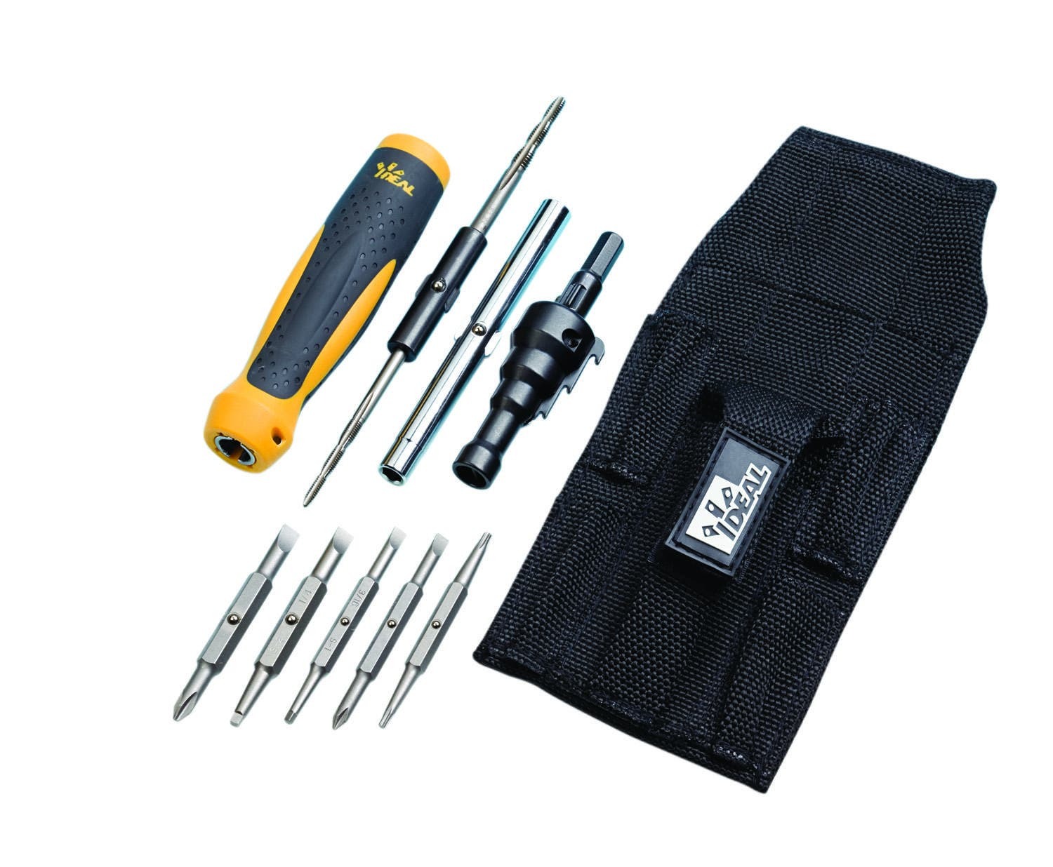 IDEAL, Wiring Kit, Twist-A-Nut, Conduit Combo Pack, Consist Of 1: 35-908 Twist-a-Nut Screwdriver, Material: Nylon, Consist Of 4: 35-913 1/4 IN slotted - #2 Square Recess, Consist Of 2: 35-098 Twist-a-Nut Deburring Head-Square Tip, Consist Of 3: 35-923 Twist-a-Nut& Tap Tool Shaft, Consist Of 5: 35-914 3/16 IN slotted - #1 Square Recess, Includes: 35-915 #15 And # 10 Torx, 35-927 8-Pocket Carrying Pouch