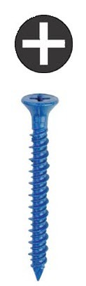 Phillips Head Concrete Anchor System, 3/16 in. diameter, 1-1/4 in. length, Hi-Low thread type, 5/32 x 3-1/2 in. drill size, Flat head type, Ceramic Coated Blue finish, Drill included, #2 bit size, Phillips drive type