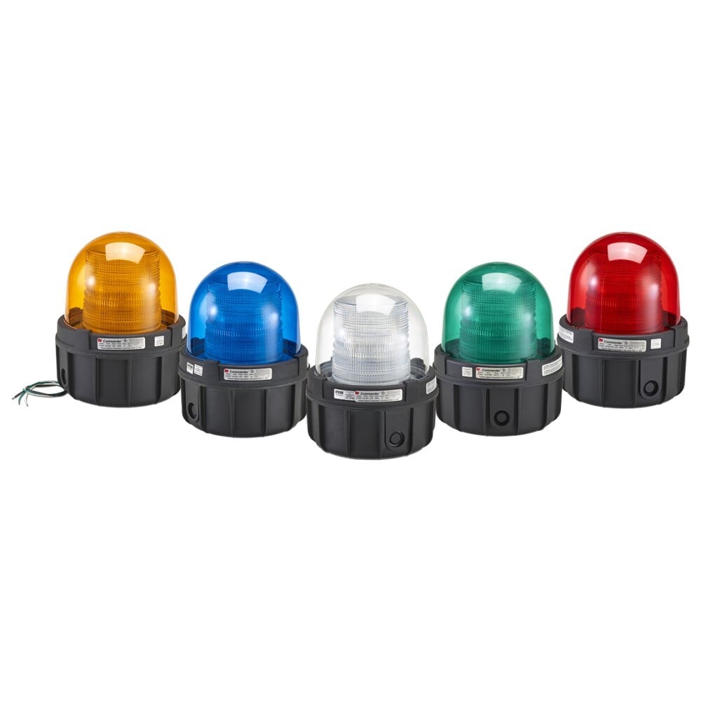 Commander Double Strobe Hazardous Location Warning Light, 12-24VDC, Amber - Available in 12-24VDC, 120VAC and 240VAC. Five dome colors: Amber, Blue, Clear, Green and Red. Surface mount and integrated 1-inch NPT pipe mount. Conformal coated PCB. Type 4X, IP66 enclosure. IP69K compliant. UL and cUL Listed for Class I, Division 2, Groups A, B, C and D & Class II, Division 2, Groups F and G & Class III.