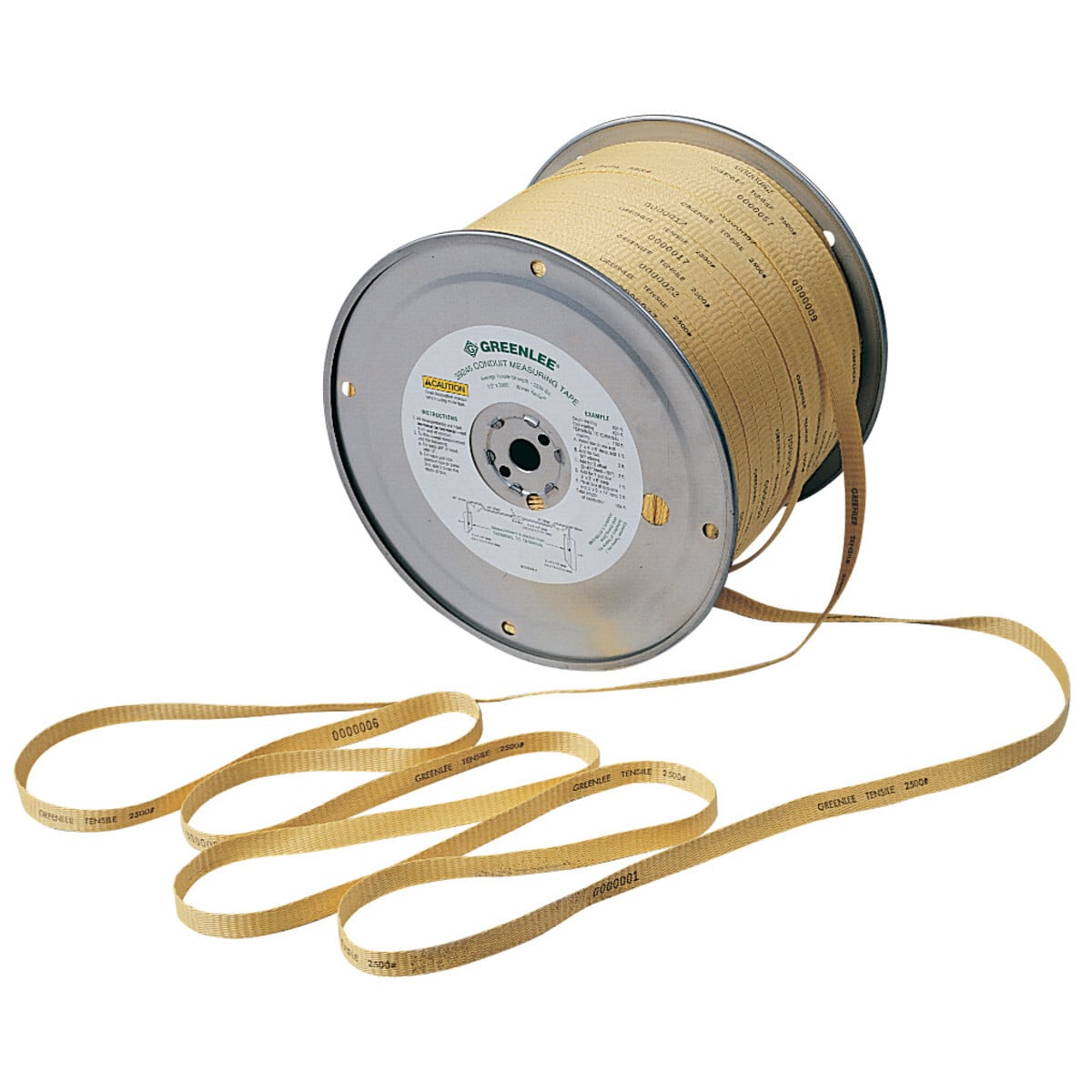 Conduit measureing tape, 1/4" x 3,000' (6.4 mm x 914 m).  Pull small cables or install pull rope for large cable pulling jobs.  Made of Polyaramid (equivalent to Kevlar), will not rotor deteriorate.  Can be left in ducts indefinitely for future use.  Low stretch properties make measurements accurate.  Printed measurements every foot from zero to 3000' (914 m).