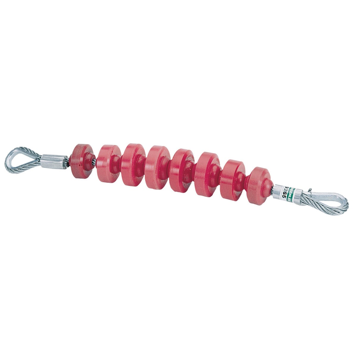 Flexible Mandrel 2" (50.8 mm) maximum rated capacity 2330 pounds (10.3 KN).  Useful for cleaning out mud, dirt, and light obstacles from ducts before installation of cable.  Can be used around tight bends due to convex contacts between disks.  Tapered profile allows pulling in either direction.  Pulling eyes on both ends.  Polyurethane disks do not damage inner walls of duct.