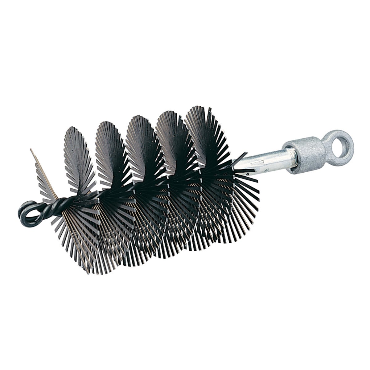 Wire Duct Brush 4".  Flat steel bristles for maximum cleaning of sand, grit and light obstructions from duct.  Pulling eye on one end and smaller twisted eye on the other end for tailing line allows bi-directional use.  Can be pulled to loosen dried material before using mandrels or spreader swabs.