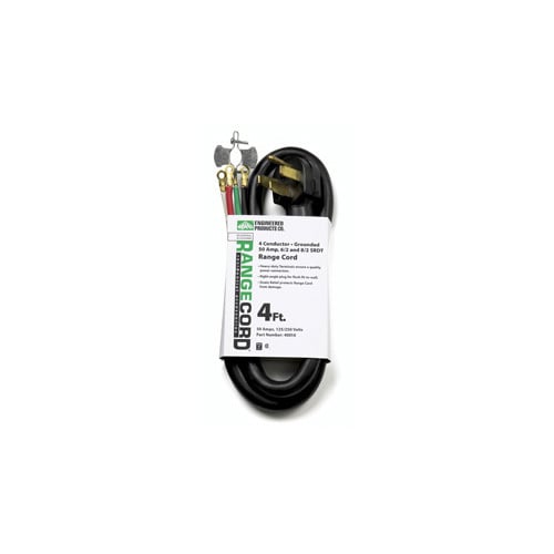 EPCO, Range Cord, SRDT, Number Of Conductors: 4, Conductor Size: 6/2,8/2 AWG, Amperage Rating: 50 AMP, Plug Type: Right Angle, Number Of Outlets: 1, Color: Black, Length: 4 FT