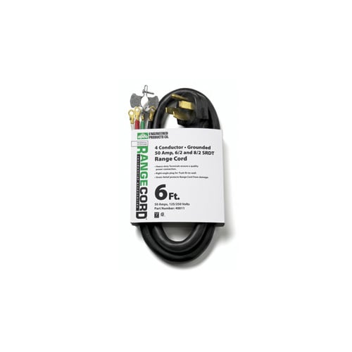 6ft SRDT Range Cord with Right Angle Plug, 6/2 and 8/2 AWG, 4 Conductors, 50 Amp, Black