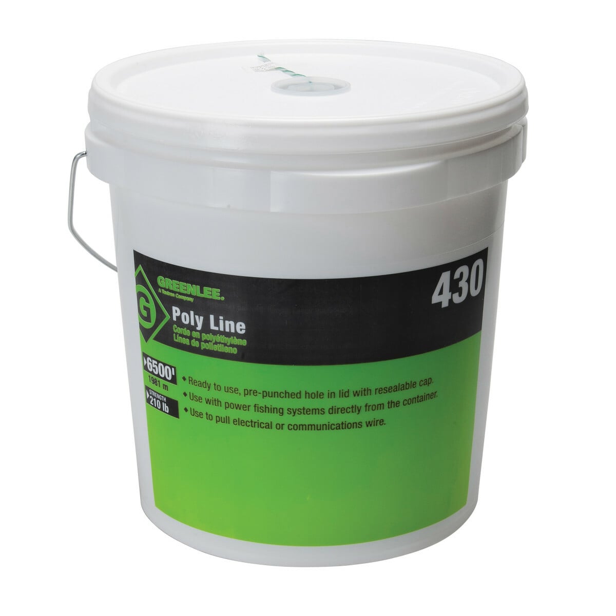 Twine, Spiral Wrap 1 Ply Poly Line 6500'.  Ready-to-use, pre-punched hole in lid with resealable cap.  Use with power fishing systems directly from the container.  Resists tangling when dispensing.  Rot and mildew resistant.  Handy reusable plastic dispenser pail with handle keeps the line dry.  Use to pull rope through conduit.